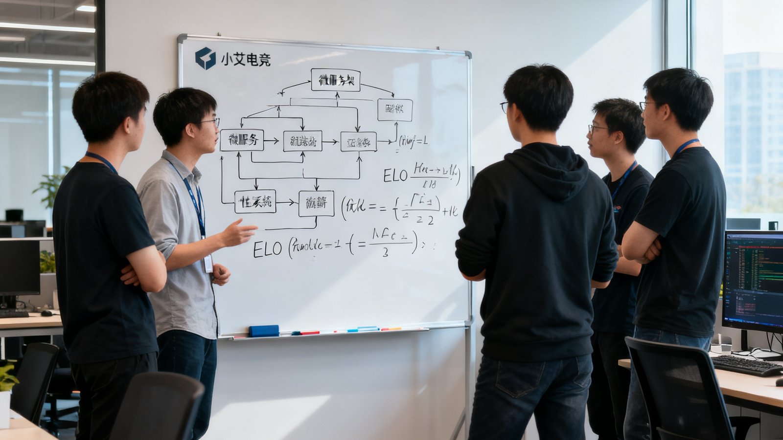 小艾电竞技术团队在开放式办公区进行每日站会，白板上画满了微服务架构图和ELO算法优化公式，程序员们围绕匹配系统性能优化展开讨论