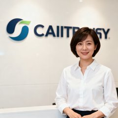 一位干练的短发女性半身照，穿着白色衬衫，站在公司Logo墙前，双手交叉自然放置，展现专业亲切的形象