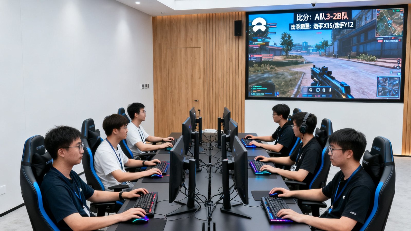 蔚来汽车上海总部会议室改造成的临时电竞比赛场地，员工们分成8支战队正在进行CS2对决，大屏幕实时显示比分和击杀数据